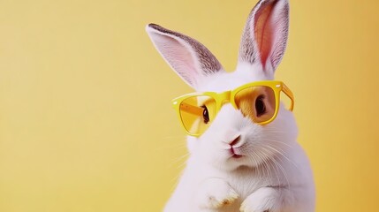 Fototapeta premium Cute Studio Shot of White Rabbit with Retro Yellow Sunglasses on Pure White Backdrop, Easter Bunny Mascot Concept for Brand Merchandise or Seasonal Promotions. Ideal for Sticker Designs, Packaging Lab