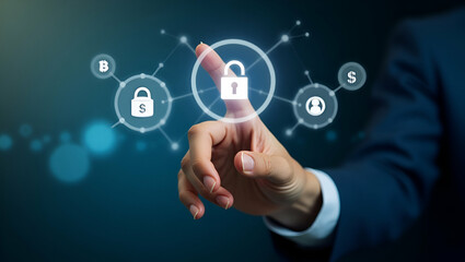 Flat Hand Engaging with Holographic Digital Banking Interface: Exploring Financial Services, Data Security, Currency Exchange, and Payment Icons in a Modern Banking Transformation Illustration