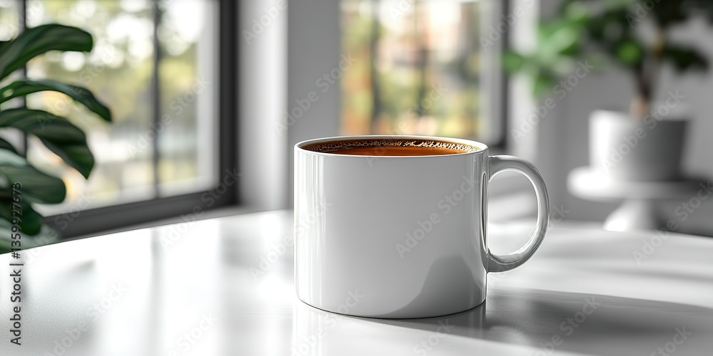 Aufkleber coffee mug on a table with natural light streaming through a window in a cozy indoor setting during 