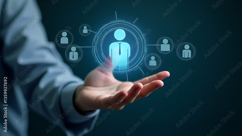 Poster flat hand interacting with holographic hr targeting interface showing human resource recruitment tea