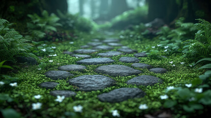 Fototapeta premium Pathway to Serenity: A Mystical Stone Path Through Lush Greenery