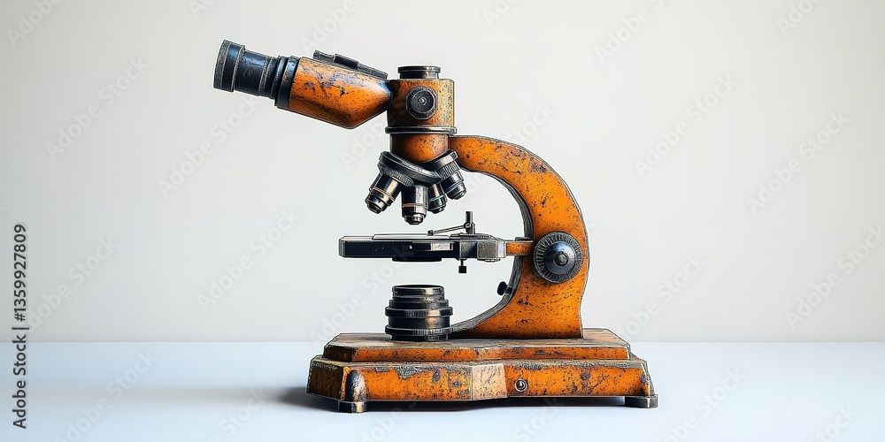 Poster vintage microscope featuring intricate design and warm color tones displayed against a simple backgr