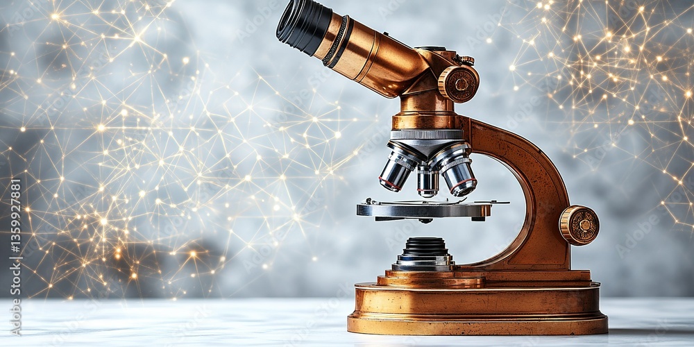 Poster microscope on a table with an artistic background illustrating scientific exploration and discovery