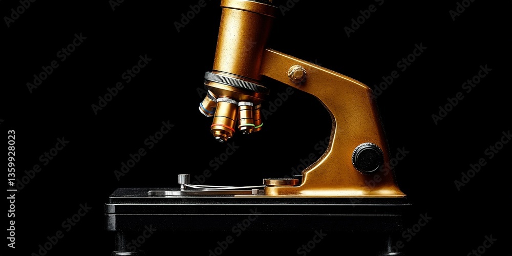 Poster vintage microscope on a black surface illuminated by soft light showcasing intricate details of the 