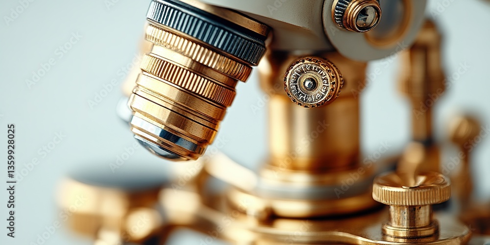 Poster close-up view of an antique microscope showcasing intricate brass details and craftsmanship in a stu