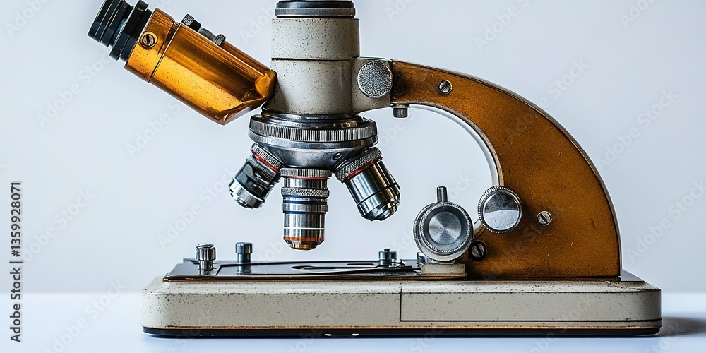 Aufkleber classic microscope placed on a clean surface highlighting its intricate designs and multiple lenses 