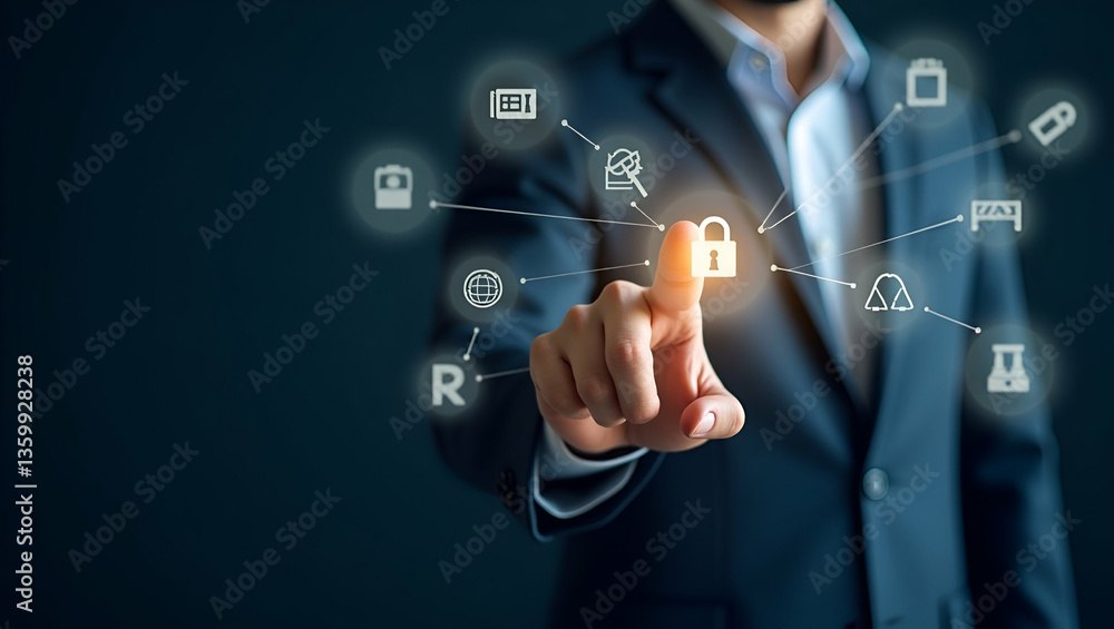Poster man touches holographic icons of justice ai copyright and regulations on digital interface symbolizi