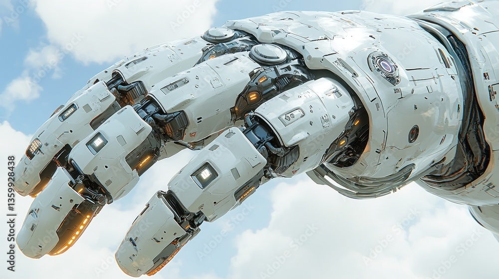 Poster futuristic robotic hand against a partly cloudy sky. complex mechanical structure with articulated f