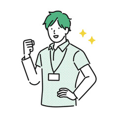 イラスト素材【介護イメージ】:生き生きとした表情でガッツポーズする若い男性介護職員