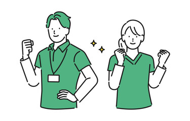 イラスト素材【介護イメージ】：生き生きとした表情でやる気のある若い男女の介護職員