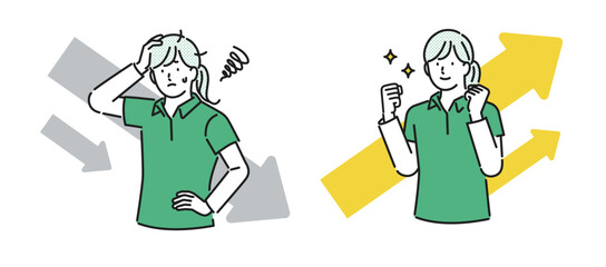 イラスト素材【介護イメージ】：悩んでいる表情と生き生きとした表情の若い女性介護職員