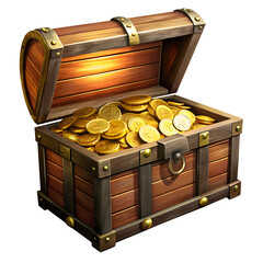A wooden treasure chest filled with gold coins.
