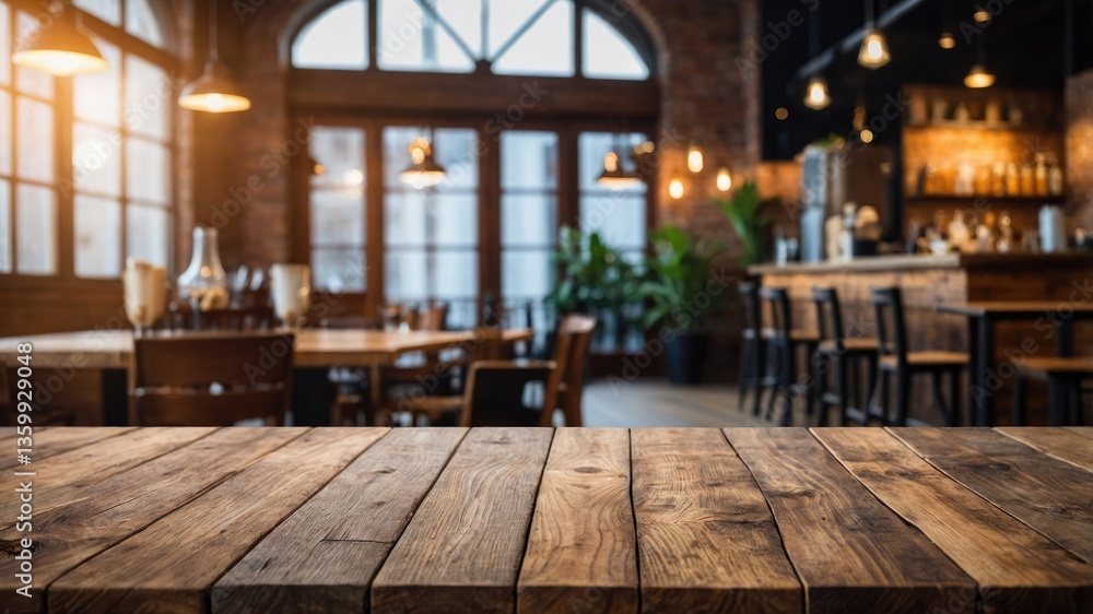 Poster unoccupied wooden tabletop in front of a blurred background. you can showcase or promote your produc