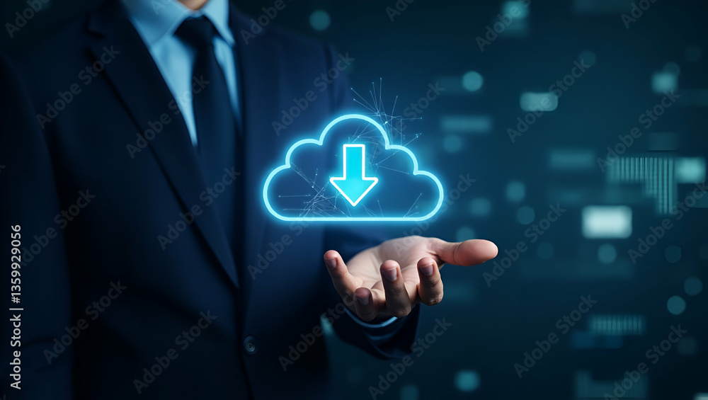 Poster flat businessman illustrating cloud computing data transfer concepts