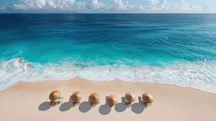 Tropical beach chairs, ocean view, aerial shot, summer vacation