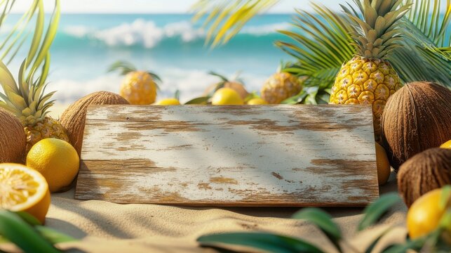 Sun-bleached wooden board on a sandy beach with tropical fruit and palm leaves: A fresh summer concept featuring an empty signboard with pineapples coconuts and ocean waves in the background.