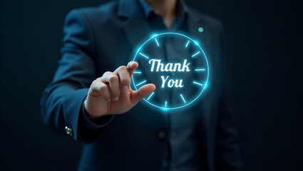 Hand interacting with holographic thank you message interface showing glowing Thank You symbols in empty space concept as Hand interacts with holographic thank you message interface displaying glowing