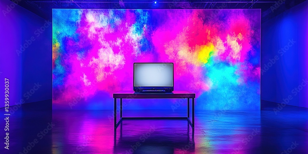 Poster vibrant abstract display with a computer setup and colorful background in an exhibition space