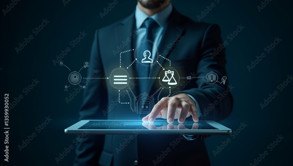 Poster flat man touches holographic icons of justice ai copyright and regulations on digital interface symb