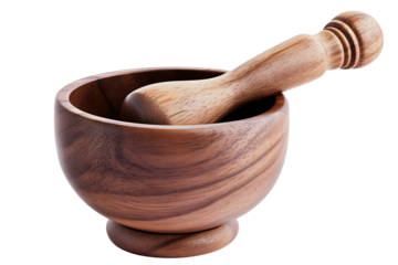 Isolated Wooden Mortar and Pestle Grinder Tool on Transparent Background