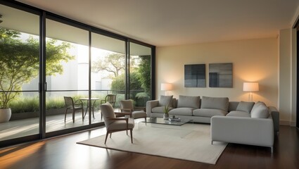 A living room featuring sliding glass doors that lead to the balcony and patio area, designed for entertaining.