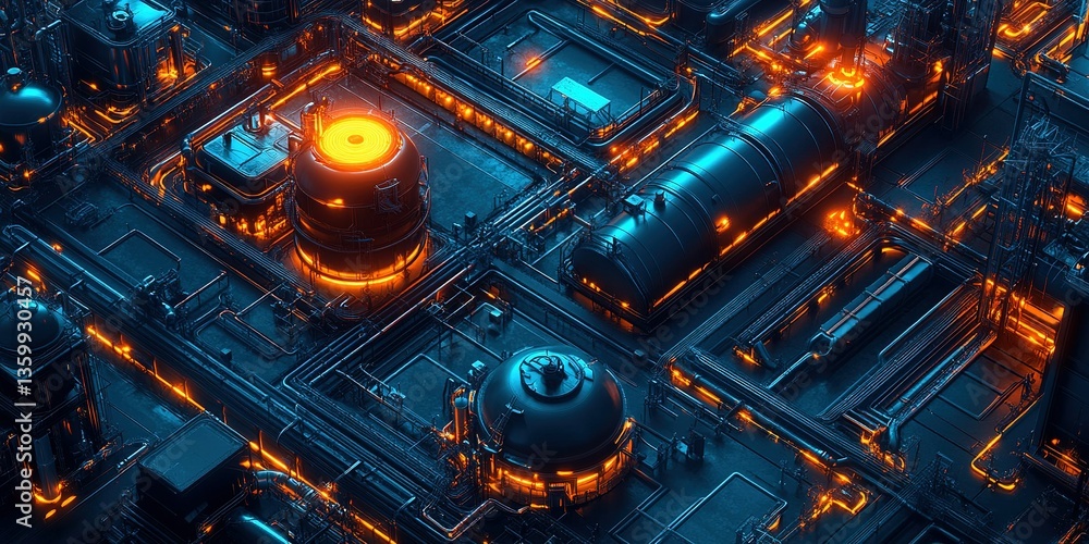 Poster industrial landscape with glowing elements showcasing an abstract representation of complex machiner