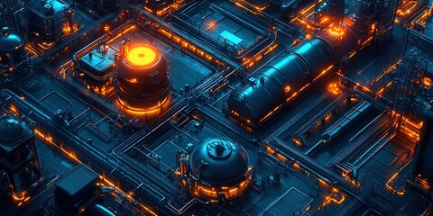 Industrial landscape with glowing elements showcasing an abstract representation of complex machinery in a futuristic setting