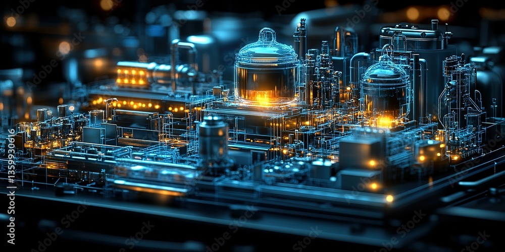 Poster complex industrial scene showcasing a futuristic factory with illuminated structures and intricate d