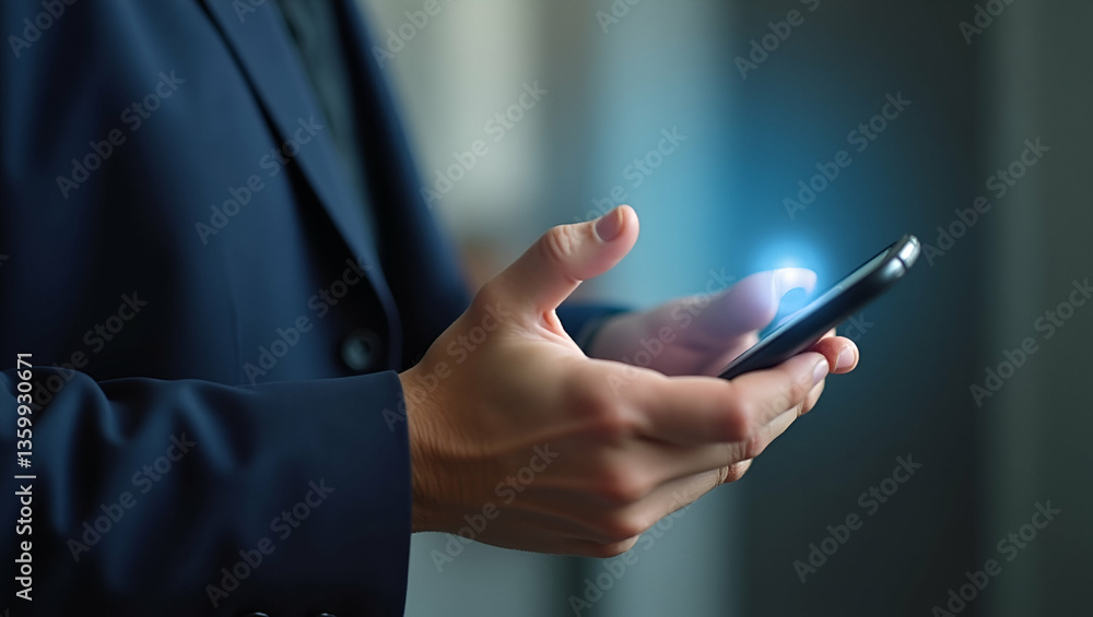 Poster close-up of man pressing notification bell on smartphone app for home security alerts - remote monit