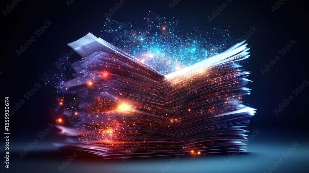 Poster a magical encounter of light and color emanating from an open thick book with vibrant swirling parti
