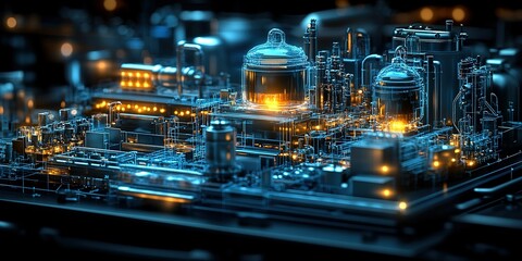Obraz premium Complex industrial scene showcasing a futuristic factory with illuminated structures and intricate details at nighttime