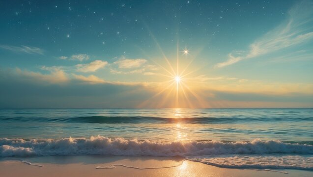 A global platform for fast water and food, featuring a cartoonishly adorable sun rising above the ocean, complete with waves, a star, and some clouds.