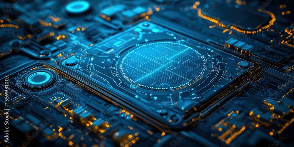 Poster high-tech circuit board illuminated in blue light showcasing intricate design and advanced technolog