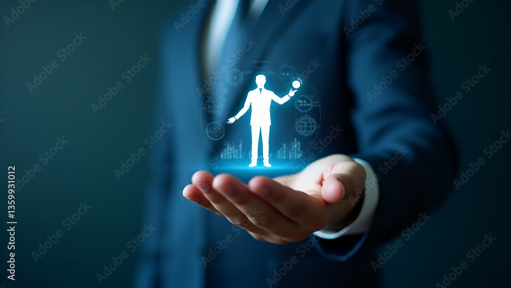 Poster flat hand using holographic device to display evaluation for employee growth with empty space backgr