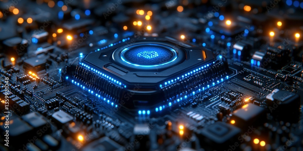 Poster detailed view of a futuristic microchip surrounded by glowing circuitry in a high-tech environment a