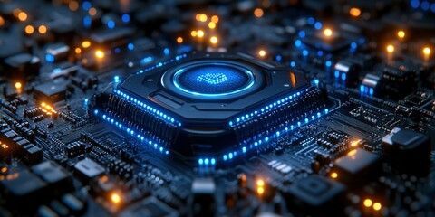Fototapeta premium Detailed view of a futuristic microchip surrounded by glowing circuitry in a high-tech environment at night