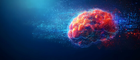 Abstract blue background with colorful low-poly brain and circuit board elements for an artificial intelligence concept illustration design, AI technology banner template Generative AI