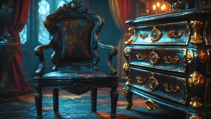 A wooden chair and a chest of drawers featured in the room's decoration.