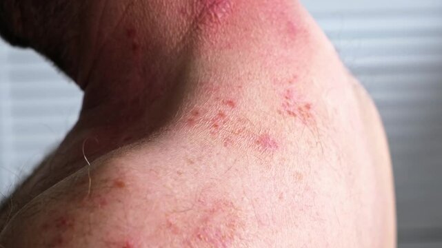 Skin lesion symptom in Shingles or Herpes zoster in person. Viral disease Varicella virus. Painful skin rash with blisters on the body. Red pimples. Insects bite. Body injury. High quality 4k footage.