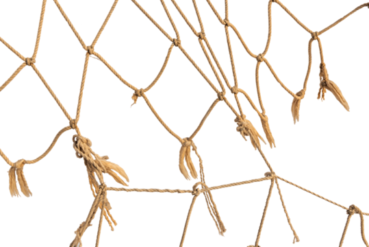 Torn Football or tennis net. Rope mesh on a white background close-up