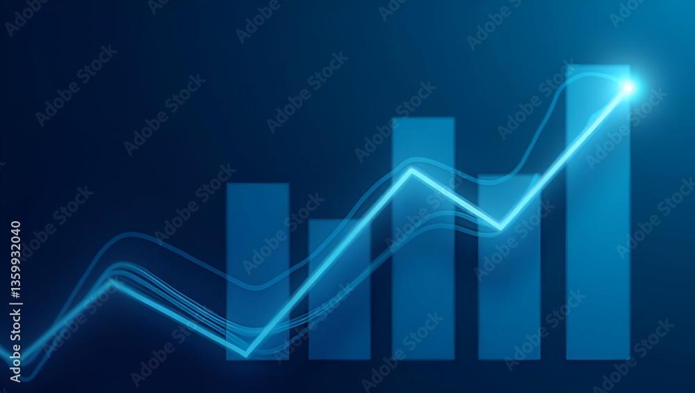 Poster widescreen abstract financial graph with uptrend line and bar chart of stock market on blue backgrou