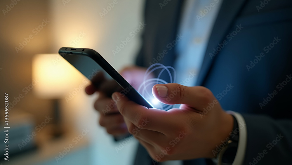 Poster close-up of man pressing notification bell on smartphone app for remote home security alerts - stock