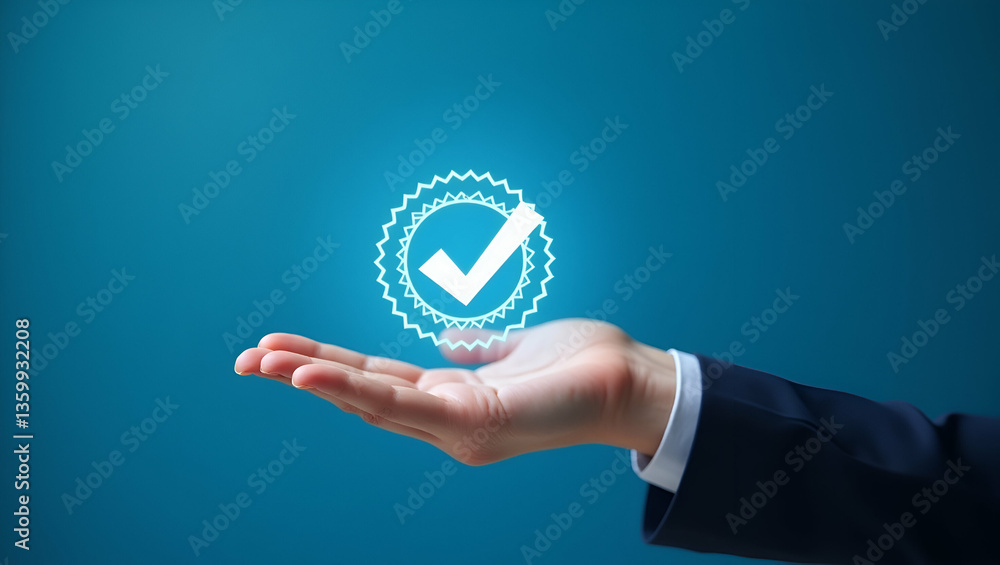 Poster hand holding holographic checkmark with quality assurance certification symbols on blue background i