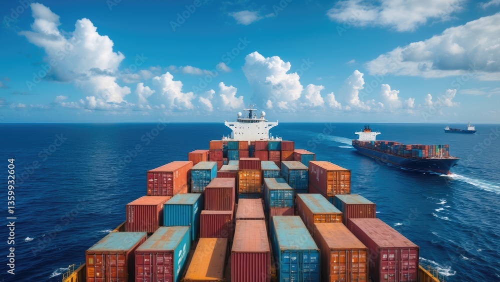 Poster view of the containers stacked on the deck of the large cargo ship. it is navigating through a tranq