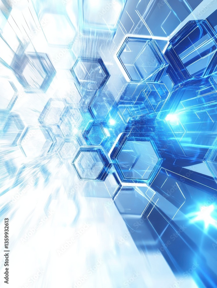 Poster modern 3d hexagonal technology abstract background features blue bright energy flashes under hexagon
