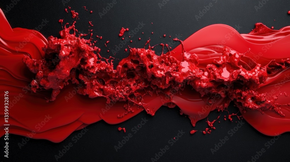 Poster a dynamic explosion of crimson liquid flowing across a black background creating an abstract composi