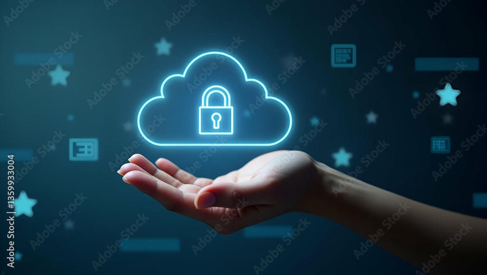 Poster holographic security icon: erp software security in cloud setup
