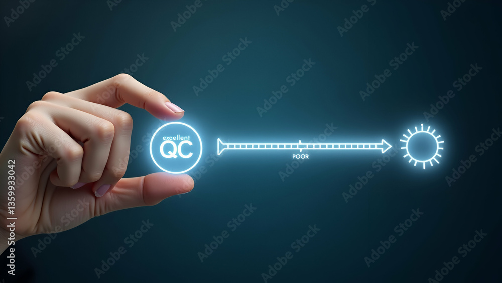 Poster flat hand adjusting holographic quality level slider from poor to excellent displaying qc qa symbols
