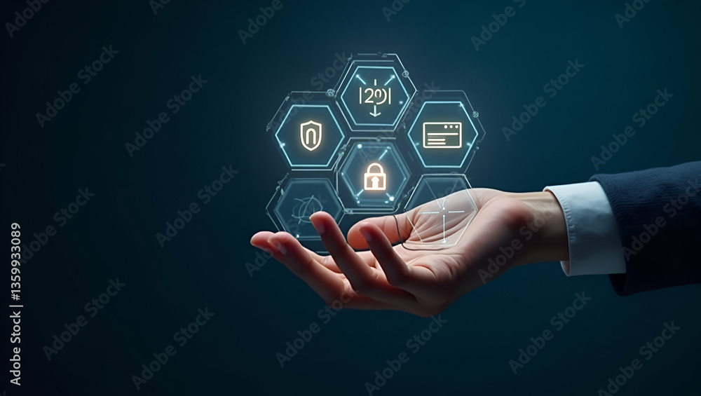 Poster flat hand holding holographic ai interface for data security & automation