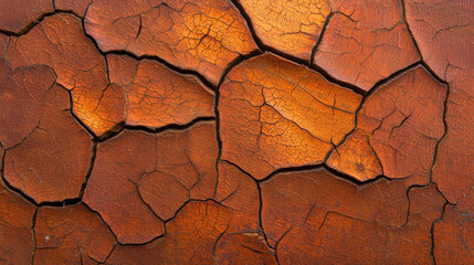 Cracked surface of weathered wood with rich orange tones and intricate patterns